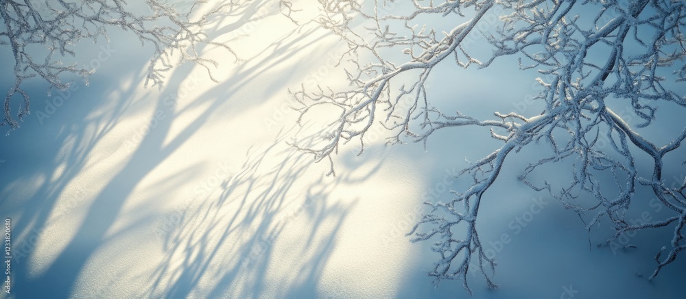 Poster captivating sunlight shadows on frosted tree branches with expansive blank space for text ideal for 