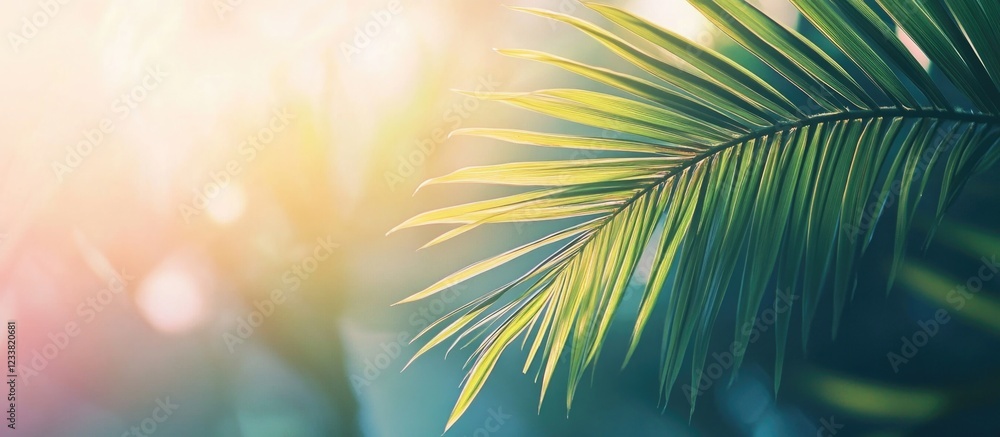 Aufkleber green palm leaves with soft focus and natural sunlight creating a warm atmosphere with copy space fo