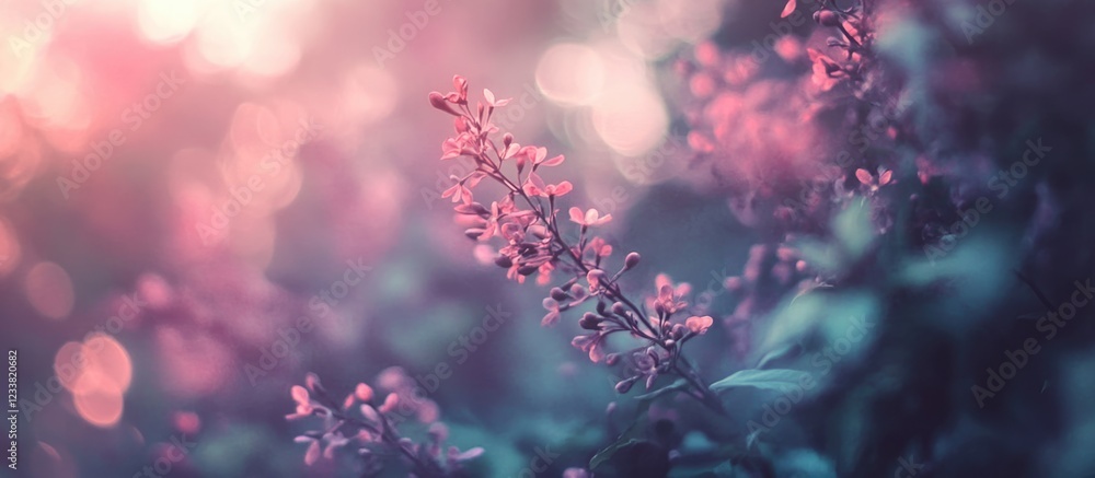 Poster soft focus floral background with pink flowers and bokeh effect featuring copy space for text placem