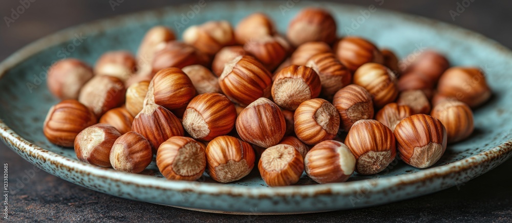 Poster freshly harvested hazelnuts on a turquoise plate with natural textures and colors featuring copy spa
