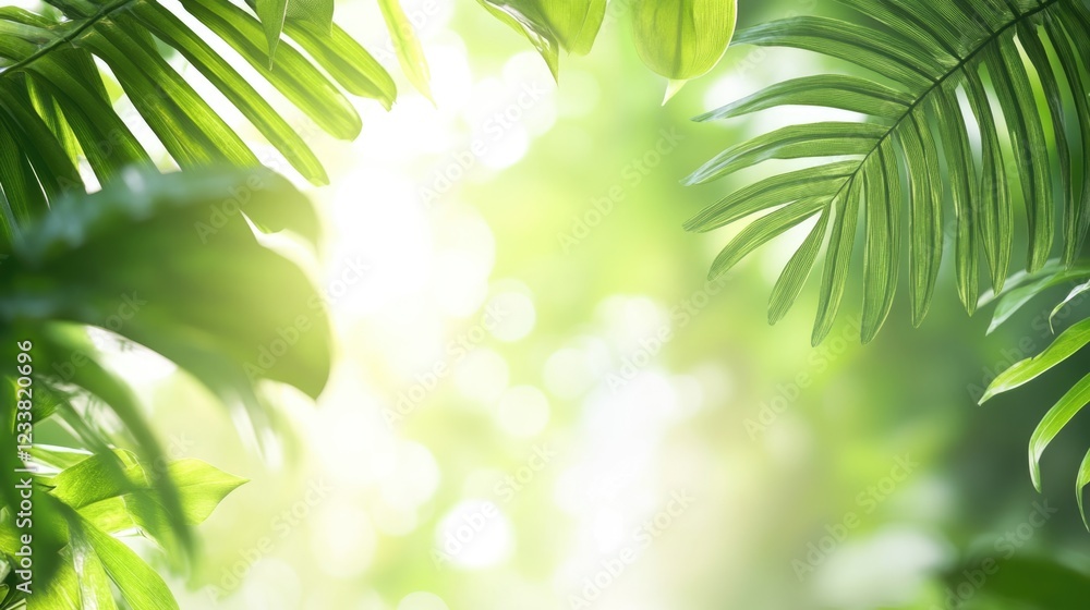 Poster lush tropical foliage with sunlight filtering through creating a serene background with ample copysp