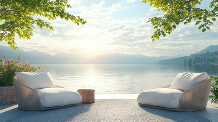 Fototapeta premium Serene Summer Morning by the Lake with Cozy Seating and Empty Copyspace for Text