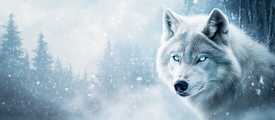 Obraz premium Snowy white wolf with blue eyes in a winter landscape with snowfall and evergreen trees in the background Copy Space