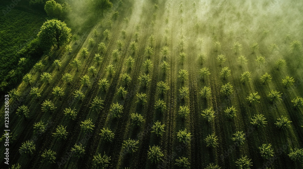 Poster aerial view of rows of young trees sprouting in a green field under morning sunlight and mist with e