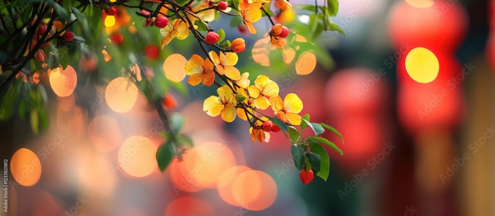 Poster Yellow flowers and red berries on a blurred background with colorful bokeh lights and Copy Space for text.