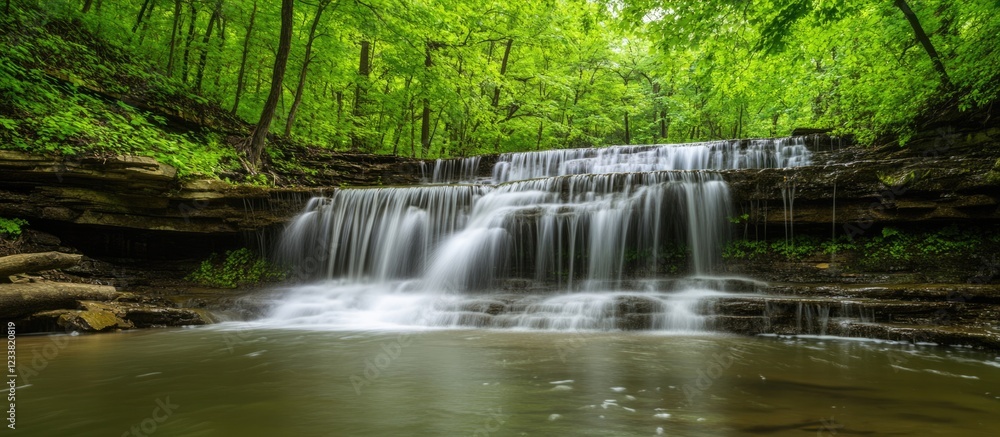 Aufkleber Waterfall cascading over rocks surrounded by lush green foliage in a forest setting with Copy Space for text placement.