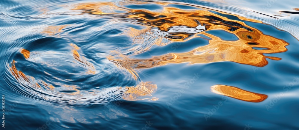 Poster close-up of rippling water surface with orange reflections and textures, abstract background with co