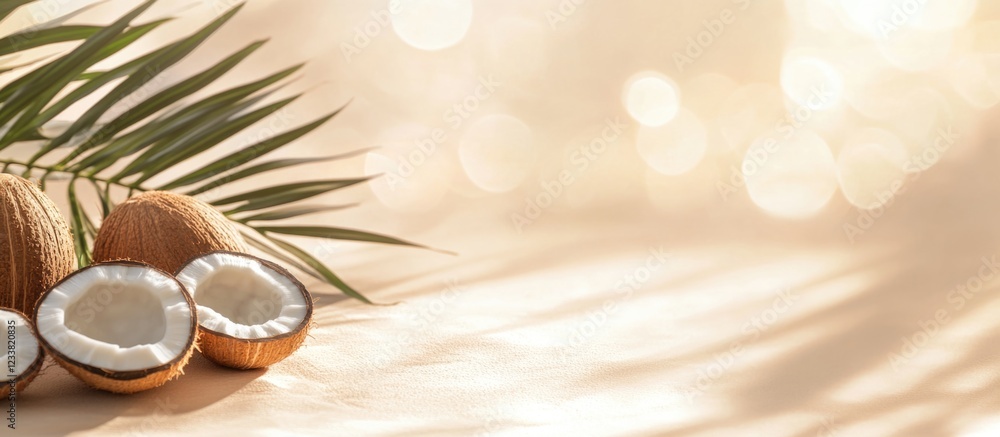 Aufkleber coconuts with palm leaves on a soft textured background with bokeh effect and ample copy space for t