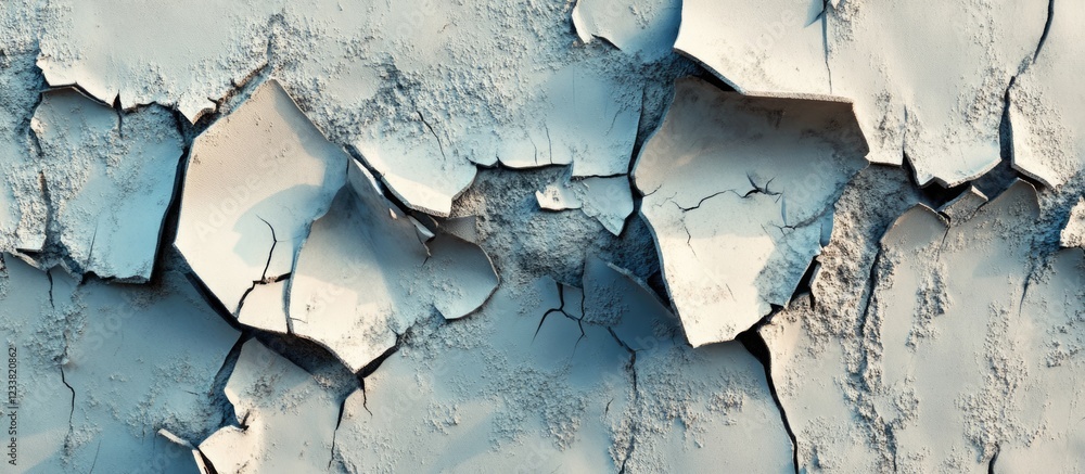 Poster abstract close-up of cracked peeling paint in shades of blue and white with textured details and cop