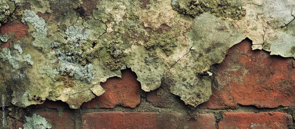 Poster peeling paint and moss on aged brick wall with textured surface and depth, copy space available for 