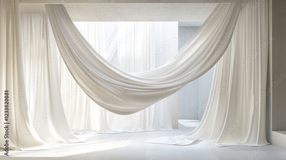 Poster elegant white drapes in a modern living room creating a serene atmosphere with ample copyspace for t