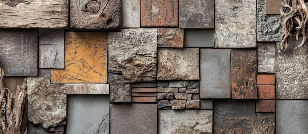 Poster abstract geometric background with various textured wooden and stone panels arranged in mosaic patte