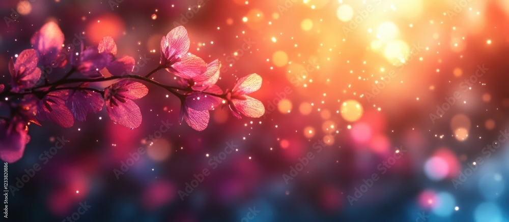 Poster Abstract floral bokeh background with cherry blossom branch illuminated by soft colorful light and blurred sparkles with Copy Space