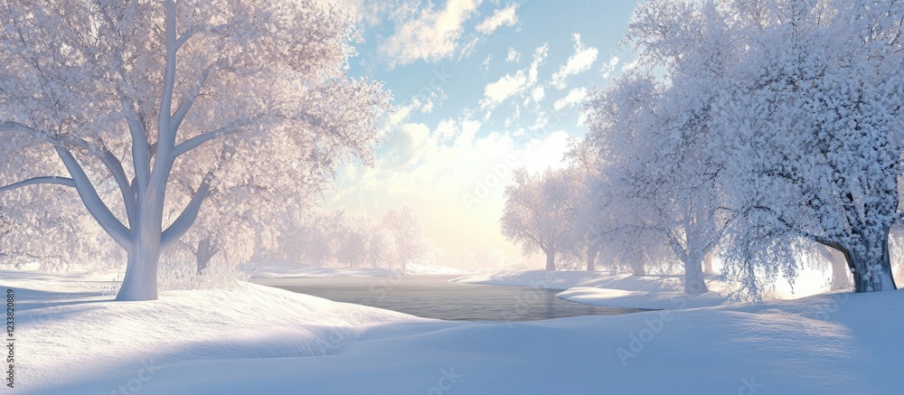 Poster serene winter landscape with snow-covered trees and expansive blank space for customizable text or m