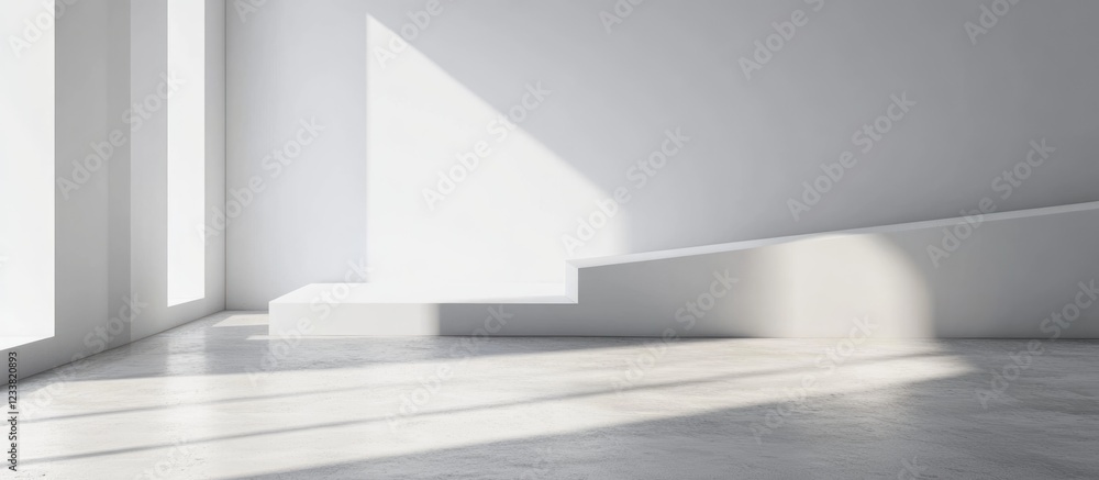 Aufkleber interior of a bright empty room with large windows casting shadows on the gray floor and walls featu