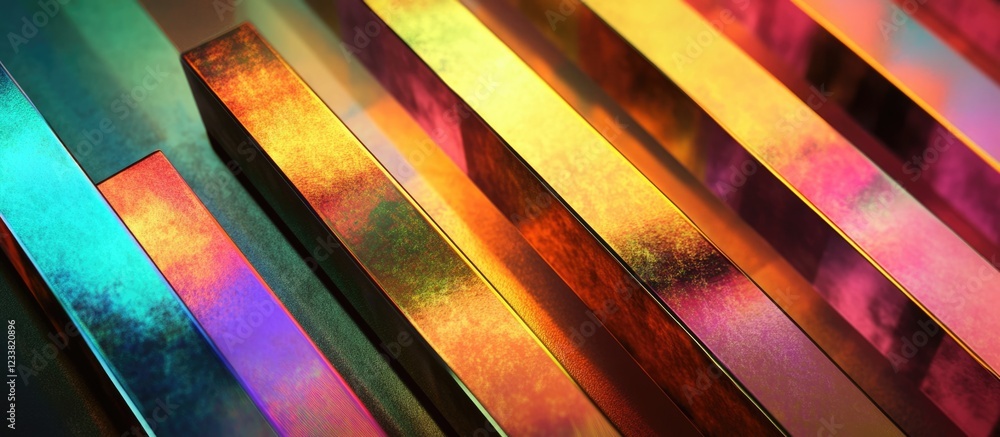 Fototapete Colorful metallic bars with a reflective surface arranged in a diagonal pattern with vivid hues and copy space for text placement