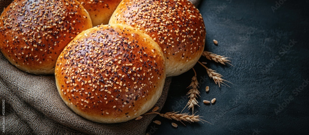 Poster freshly baked golden brown bread rolls with sesame seeds on dark background with wheat stalks and co
