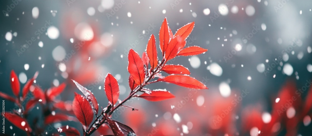 Poster red leaves in winter snow with blurred background and soft bokeh effect copy space