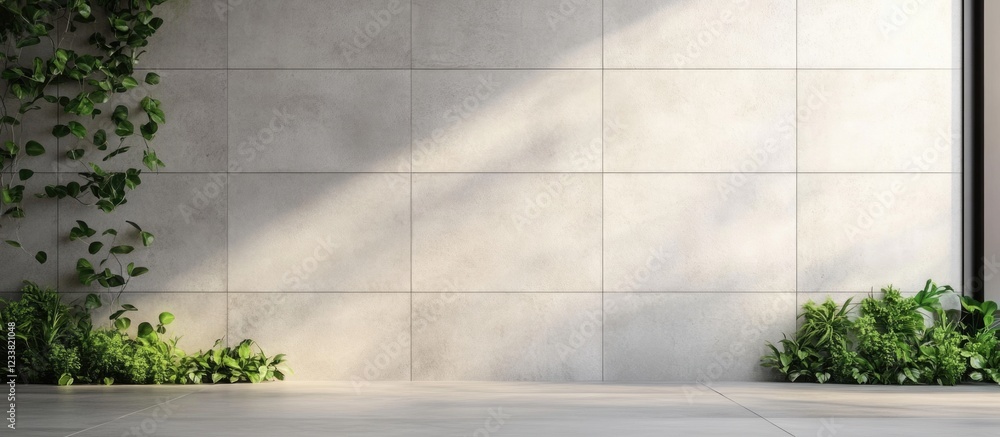 Aufkleber modern concrete wall with green plants and ample copy space for text or graphics, indoor setting, mi