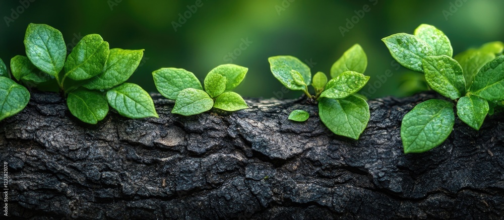 Aufkleber fresh green leaves on textured tree bark with dew drops, natural background with copy space for text
