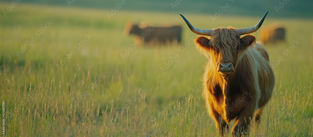 Poster Highland cattle grazing in a grassy field during golden hour with soft background focus Copy Space
