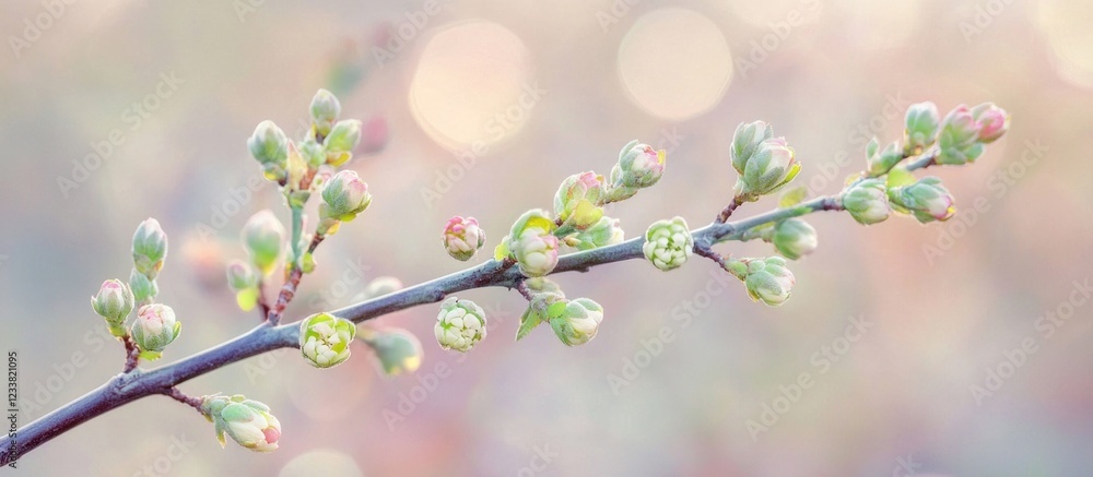 Poster Close-up of budding floral branches with soft bokeh background and copy space for text