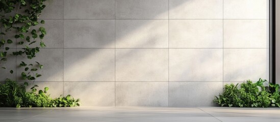 Modern concrete wall with green plants and ample copy space for text or graphics, indoor setting, minimalistic design