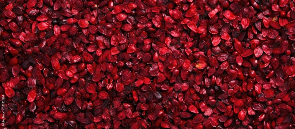 Poster Close-up of vibrant red seeds on a dark background with Copy Space for text placement