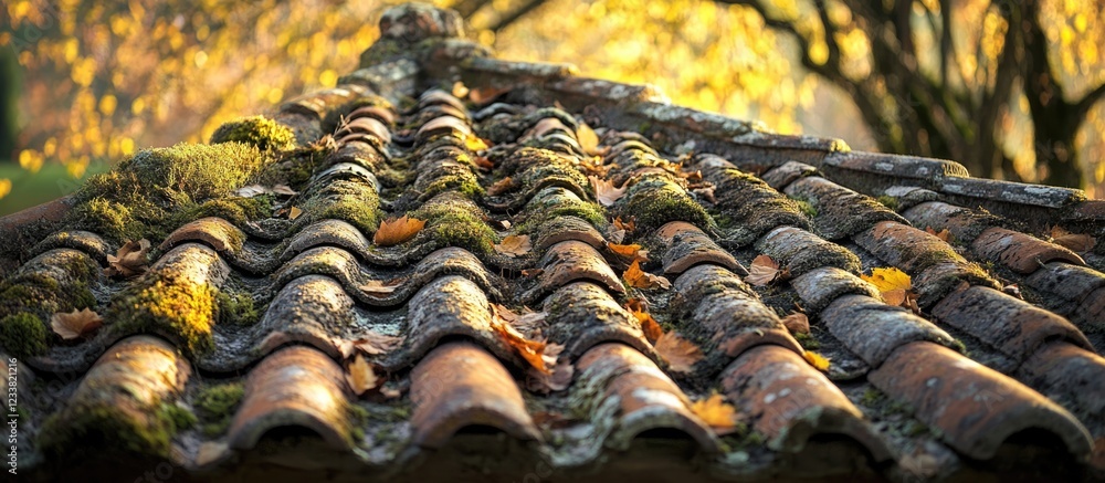 Aufkleber weathered terracotta roof tiles covered with moss and leaves against a blurred autumn backdrop with 