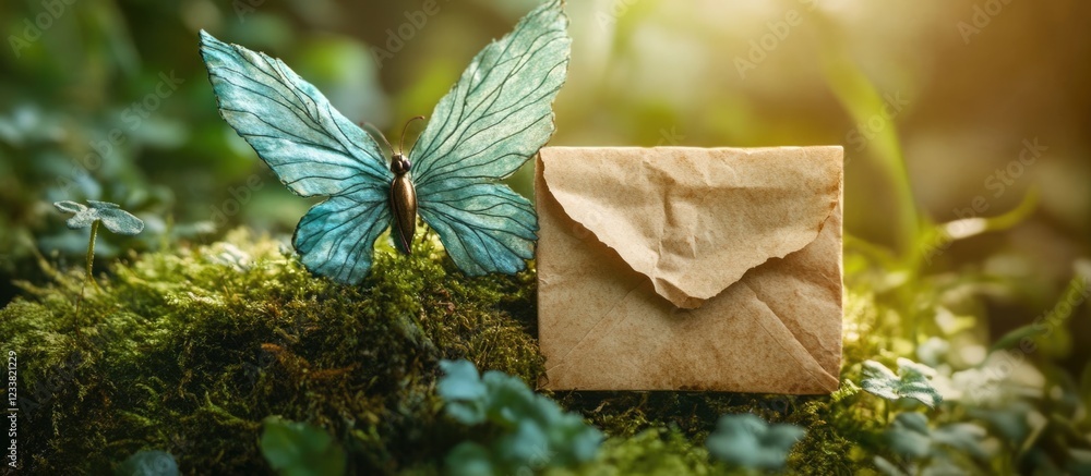 Poster butterfly resting beside a vintage envelope on a mossy surface in a lush forest setting with soft su