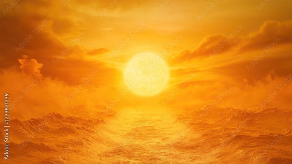 Poster surreal landscape of a golden sunset over a tranquil sea with empty space for text or messaging
