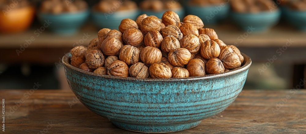 Poster Bowl of unshelled hazelnuts on wooden table with rustic background and copy space