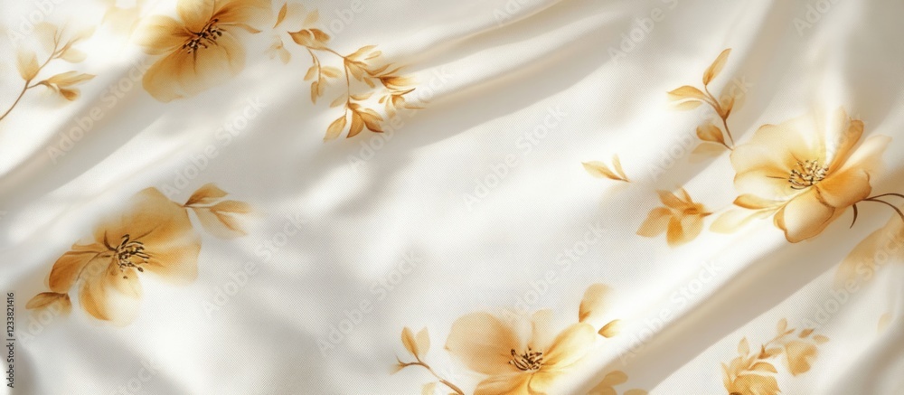 Poster floral pattern on soft white fabric with golden hues and gentle folds copy space