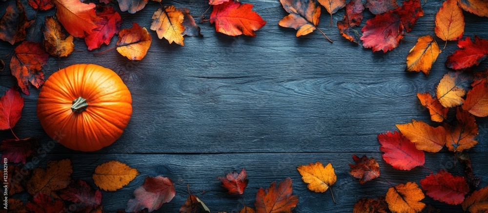 Poster autumn leaves in various colors surrounding a pumpkin on dark wooden background with copy space for 