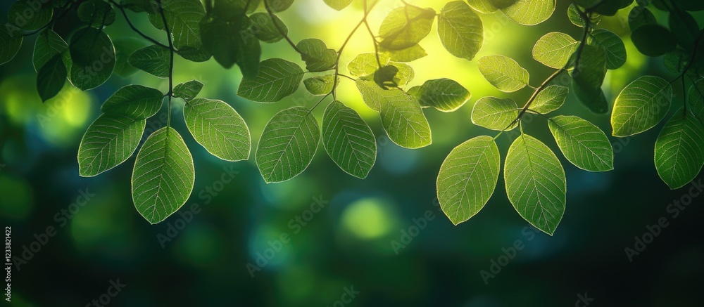 Poster green leaves in sunlight with blurred background and copy space for text