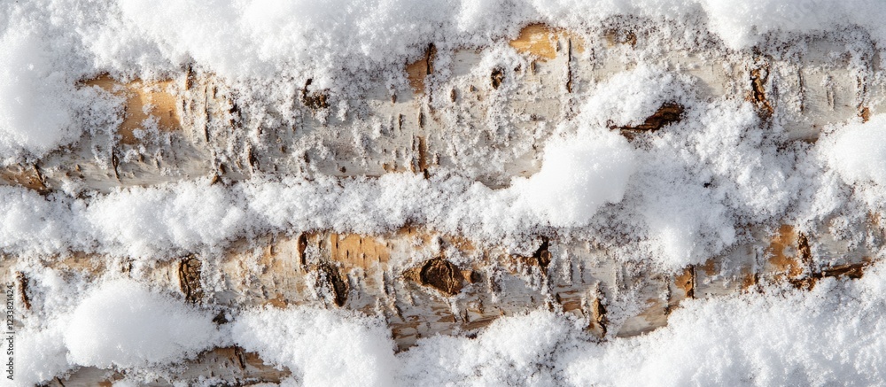 Poster snow-covered tree bark texture with layers of white snow and natural wood patterns in a winter setti