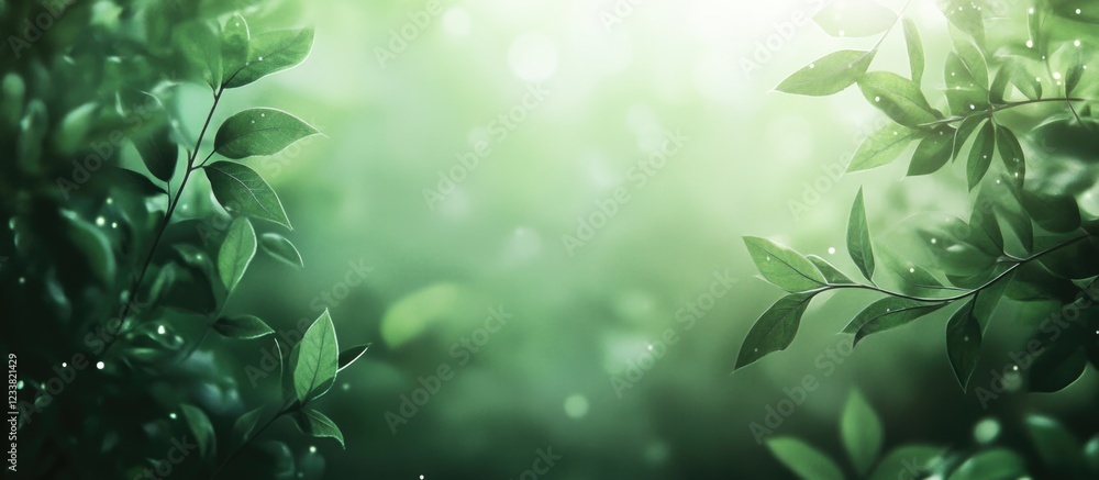Poster green foliage with dew drops in soft focus creating an abstract natural background with copy space a