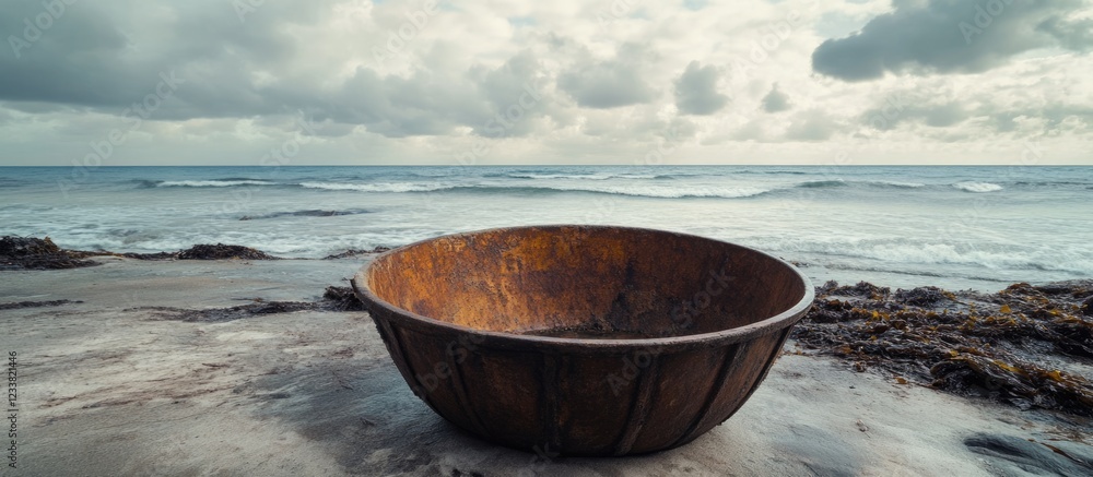 Poster Rusty bowl on sandy beach with ocean waves and cloudy sky in the background featuring ample Copy Space for text placement
