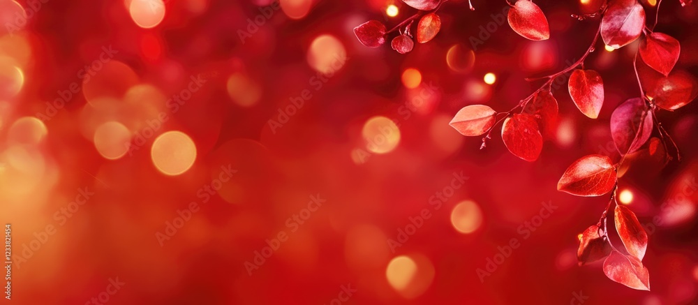 Poster blurred red bokeh background with autumn leaves and copy space