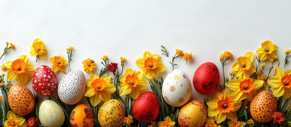 Poster colorful easter eggs surrounded by yellow daffodils on a white background with copy space for text p