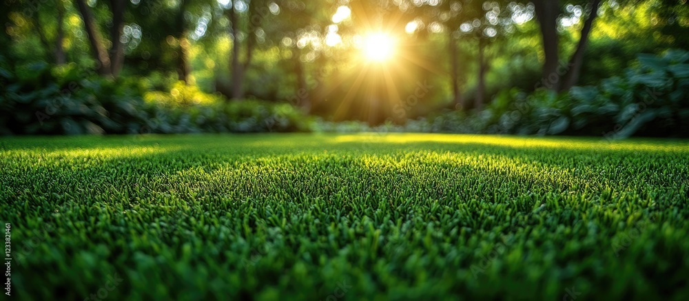 Poster Lush green grass landscape with sunlight filtering through trees creating a natural serene atmosphere Copy Space