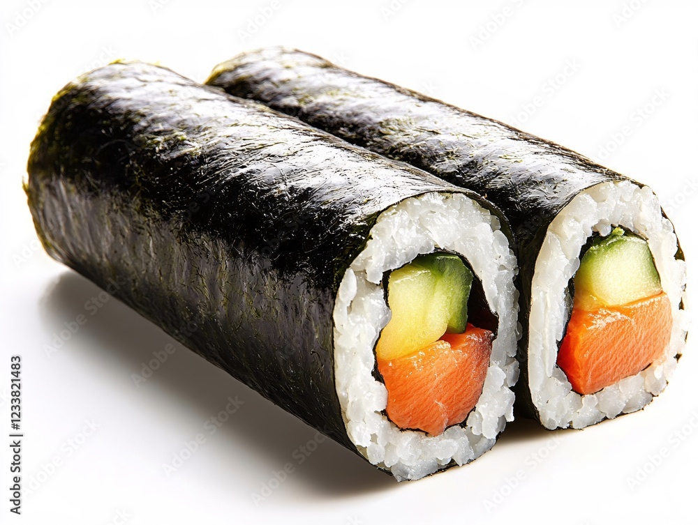 Poster two maki sushi rolls with salmon avocado and cucumber on white background close up view