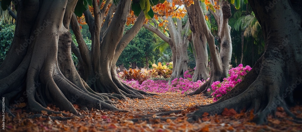 Poster pathway through old trees with roots and vibrant foliage in a secluded forest setting