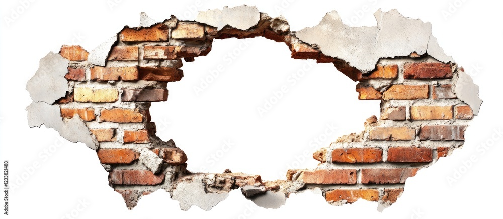Poster Brick wall with a large hole exposing empty space for text or images Copy Space