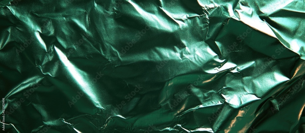 Poster green crumpled metallic foil texture background with reflective surface and deep shadows copy space