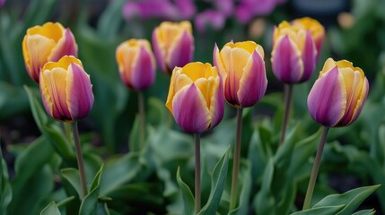 Fototapeta premium Vibrant Purple and Yellow Tulips Blooming in Garden Setting