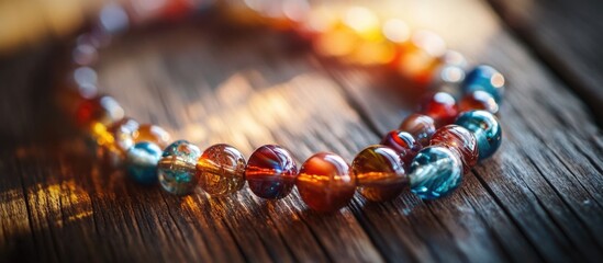 Colorful glass beads bracelet on rustic wooden surface with natural lighting and copy space for text
