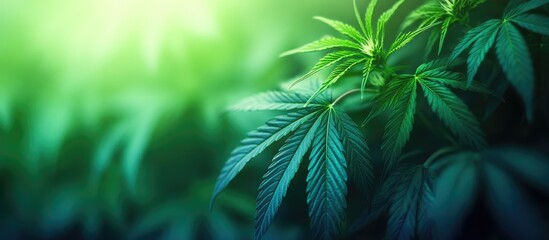 Obraz premium Close-up of cannabis leaves in natural light with a blurred background and vibrant green tones Copy Space