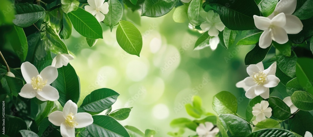 Poster floral frame with white flowers and green leaves on soft bokeh background copy space