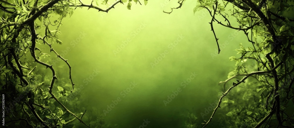 Poster Lush green foliage framing a natural light source with copy space for text and design elements in a tranquil forest setting